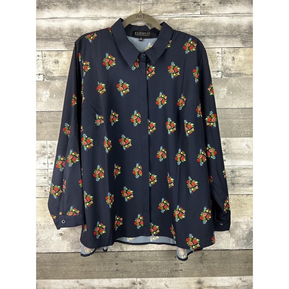 Eloquii Women's Blue Floral Long Sleeve Button Up 20